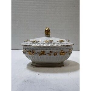 Ardalt Japan White Porcelain Trinket Box W/ Gold Grapevine #7536 Vintage 1960's
